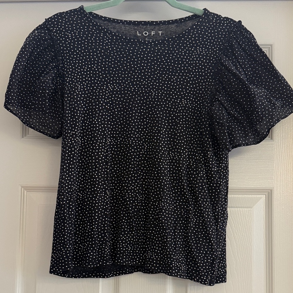 LOFT Black Top with White Polka Dots